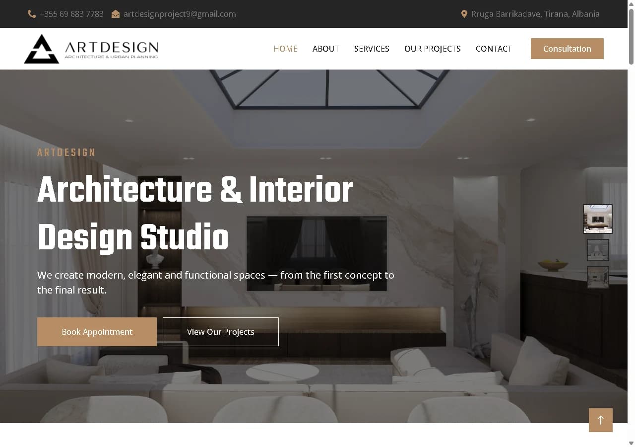 ArtDesign's website presenting the architecture studio and its interior projects.