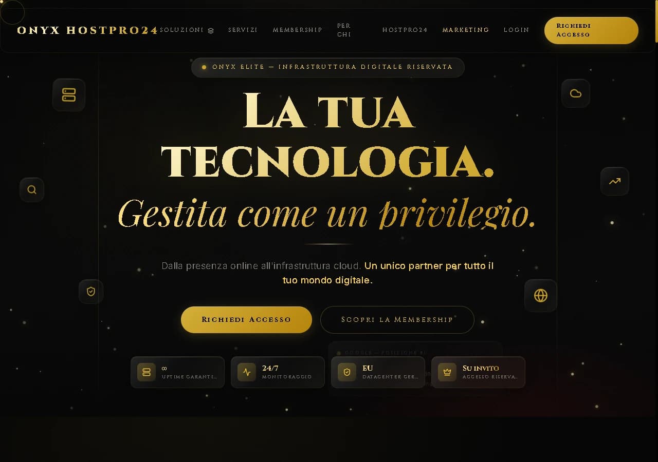View of the public website for HostPro24 / ONYX ELITE.
