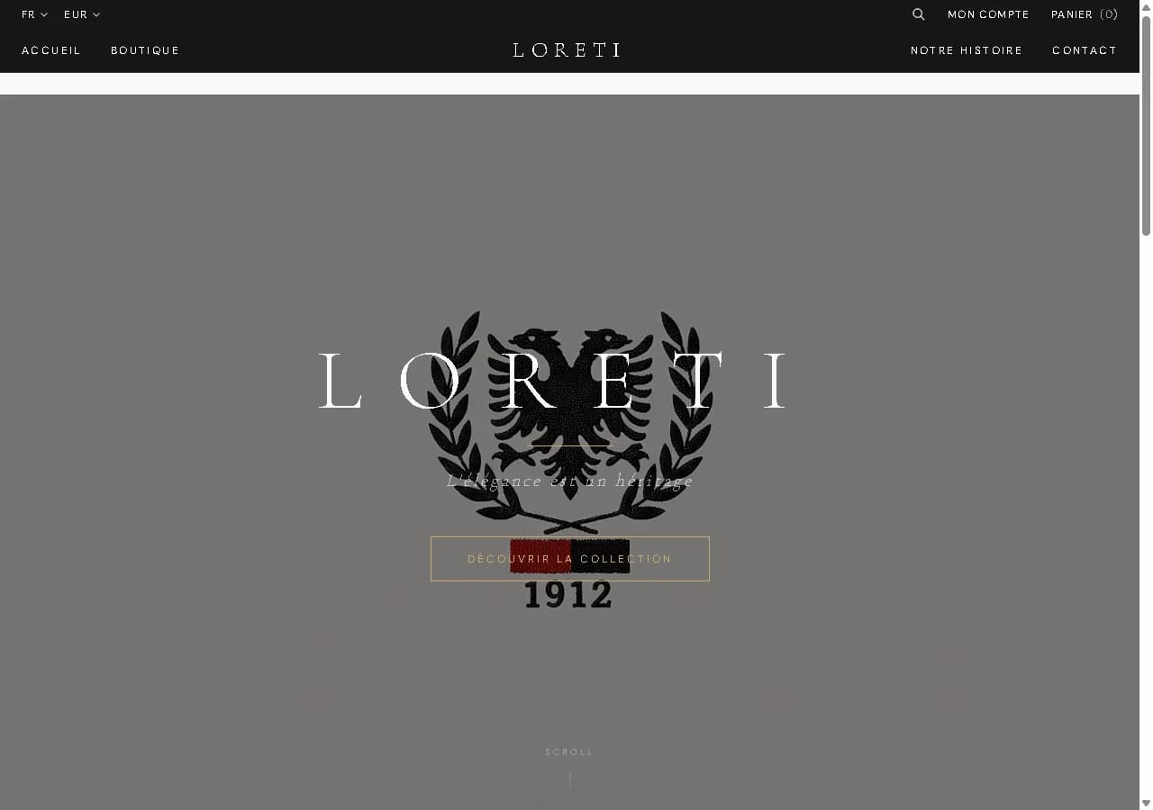 Loreti's public website with its clothing collection and online catalogue.