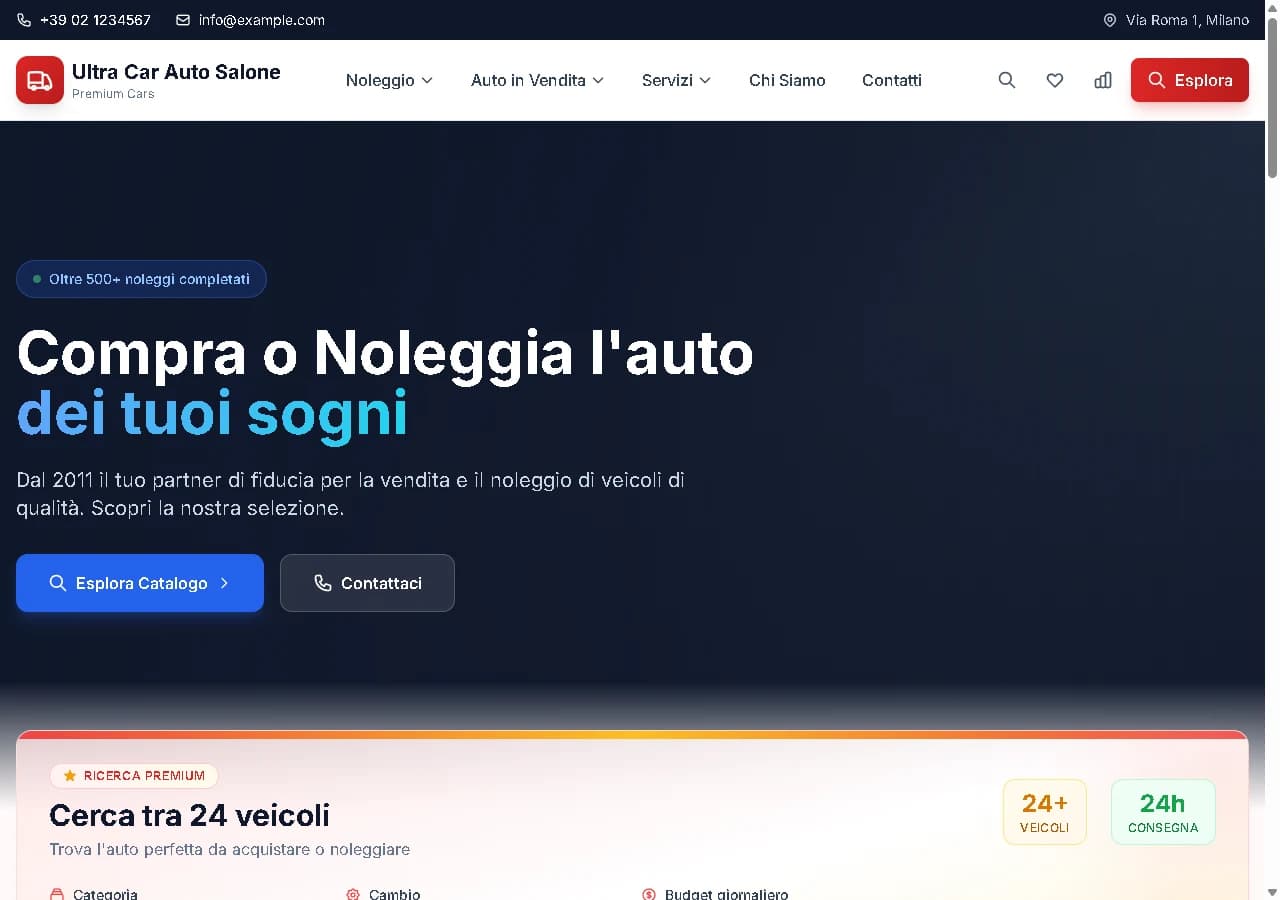 UltraCarManager's public storefront with vehicles for sale and rent.