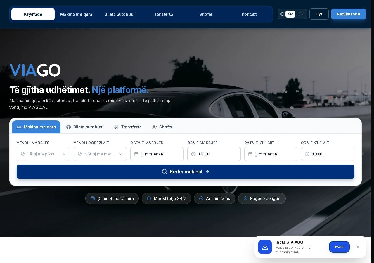 VIAGO's website with car rental search and transport services.
